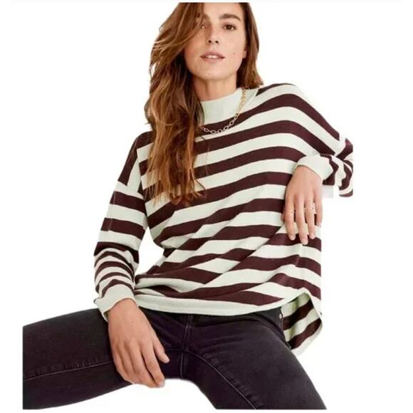 Madewell Ashbury Sweater Mint Green Chocolate Brown Stripe Mock Neck - Picture 1 of 9